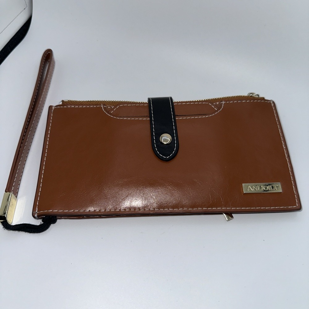 Andoilt RFID Blocking Wristlet Wallet Brown Faux Leather Slim Organizer Clutch